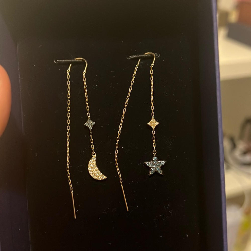 Swarovski moon star drop earrings in blue and gold and in good condition